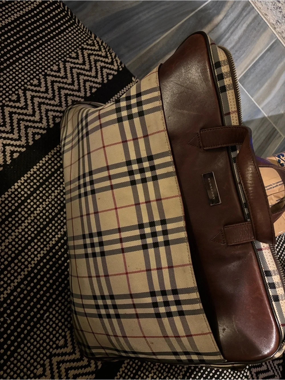 Burberry Beige Check Briefcase with Brown Leather Trim - Men/Women #0127
